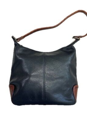 Vintage Fossil Dawson Black Pebbled Leather Brown Braid Strap Hobo Shoulder Bag